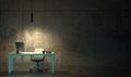 A workplace with one office desk and an armchair in an empty gloomy dark room. Hard hateful work late at night in the twilight. 3D