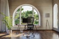 workplace with pc workstation in front of large arched windows landscape view bright sunlight remote work freelance concept