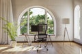 workplace with pc workstation in front of large arched windows landscape view bright sunlight remote work freelance concept