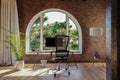 workplace with pc workstation in front of large arched windows landscape view bright sunlight remote work freelance concept