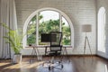 workplace with pc workstation in front of large arched windows landscape view bright sunlight remote work freelance concept