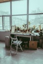 A workplace in a pottery studio.