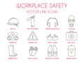 Workplace safety and personal protective equipment thin line icons set