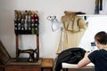 Workplace of seamstress. Dressmaker making dress, spools of thread, tailor shop, tailoring Royalty Free Stock Photo