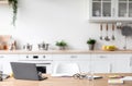 Workplace of student, blogger, manager and businessman, study or work remote in minimalist kitchen interior