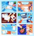 Workplace table desk top view vector illustration set, cartoon flat businessman hands and home or business office Royalty Free Stock Photo