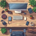 Workplace at table home or office, computer monitor keyboard on wooden table, cartoon background scene vector Royalty Free Stock Photo