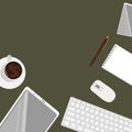 Workplace. Tablet, phone, keyboard, coffee, notepad. Minimalistic concept