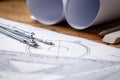 Workplace - technical project drawing with engineering tools. Royalty Free Stock Photo