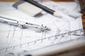 Workplace - technical project drawing with engineering tools. Royalty Free Stock Photo