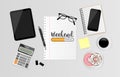 Workplace with weekend loading text on white sheet with office supplies on gray background. Vector illustration Royalty Free Stock Photo