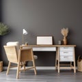 Workplace with white chair at wooden drawer writing desk against of window near dark grey wall Interior of home office Royalty Free Stock Photo