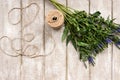 Workplace with wildflower and rope flat lay Royalty Free Stock Photo