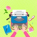 Workplace woman typewriter concept background, flat style
