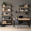 Workplace with wooden desk and two black chairs against of grey wall with shelving rack. Interior of Scandinavian home office
