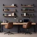 Workplace with wooden desk and two black chairs against of grey wall with shelving rack. Interior of Scandinavian home office