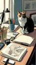 Workplace of writer or artist table with notepad, pencils and cat created with Generative AI