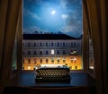 Workplace of a writer, journalist, creator. Old typewriter on the table against the background of ancient night city buildings. Royalty Free Stock Photo