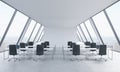 Workplaces in a bright modern open space loft office. White tables and black chairs. New York panoramic view in the windows. 3D re Royalty Free Stock Photo