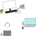 Workplaces equipped with office supplies such as a laptop computer, mouse, headphones and others. The workspace of a Royalty Free Stock Photo