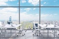 Workplaces In A Modern Panoramic Office, New York City View From The Windows. A Concept Of Financial Consulting Services.