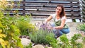 Works on landscaping in the garden in Provence style. Landscape designer at work. Woman gardener cuts flowers on a blooming