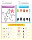 3 in 1 Activity Sheet for children. Coloring, counting and matching shadow Royalty Free Stock Photo