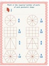 Worksheet for children. Fractions. Paint in the required number of parts of each geometric shape