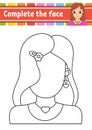 Worksheet complete the face. Coloring book for kids. Cheerful character. Vector illustration. Cute cartoon style. Pretty girl.
