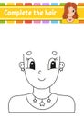 Worksheet Complete the picture. Draw hair. Cheerful character. Vector illustration. Cute cartoon style. Pretty girl. Fantasy page