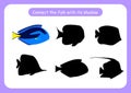 Worksheet connect the fish with its shadow. Educational game for children. Trains attention and concentration