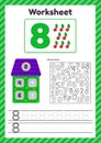 Worksheet count for kids. House. Number bonds. Trace line. The study of mathematics for children of kindergarten