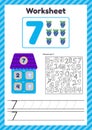 Worksheet count for kids. House. Number bonds. Trace line. The study of mathematics for children of kindergarten