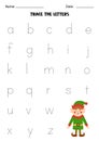 Worksheet with cute elf. Trace lowercase letters of alphabet Royalty Free Stock Photo