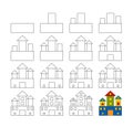 Worksheet easy guide to drawing cartoon castle. Simple step-by-step drawing tutorial for children