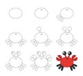 Worksheet easy guide to drawing cartoon crab. Simple step-by-step drawing tutorial for kids