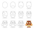 Worksheet easy guide to drawing cartoon owl. Simple step-by-step drawing tutorial for kids