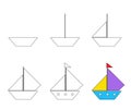 Worksheet easy guide to drawing cartoon sailboat. Simple step by step drawing tutorial for little children