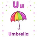 English Alphabet letter U learning card with cute umbrella drawing