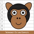 Worksheet. Game for kids, children. Math Puzzles. Cut and complete. Learning mathematics. Ape Face.vector