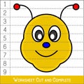 Worksheet. Game for kids, children. Math Puzzles. Cut and complete. Learning mathematics. Bee Face.vector