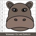 Worksheet. Game for kids, children. Math Puzzles. Cut and complete. Learning Hippopotamus Face