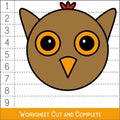 Worksheet. Game for kids, children. Math Puzzles. Cut and complete. Learning mathematics. Owl Face.vector