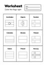 Worksheet on geography for preschool and school kids. Color the flags right. Coloring page