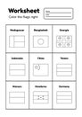 Worksheet on geography for preschool and school kids. Color the flags right. Coloring page