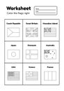 Worksheet on geography for preschool and school kids. Color the flags right. Coloring page