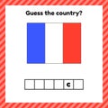 Worksheet on geography for preschool and school kids. Crossword. France flag. Cuess the country