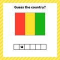 Worksheet on geography for preschool and school kids. Crossword. Guinea flag. Cuess the country