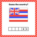 Worksheet on geography for preschool and school kids. Crossword. Hawaii flag. Cuess the country