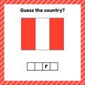 Worksheet on geography for preschool and school kids. Crossword. Peru flag. Cuess the country